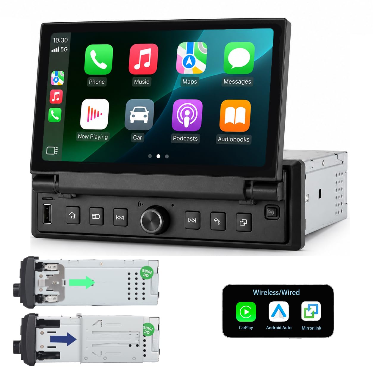 Autoradio 1 DIN con schermo touch retrattile da 6,8 pollici, sistema Linux, CarPlay Android Auto wireless, Bluetooth FM USB AUX, Mirror Link