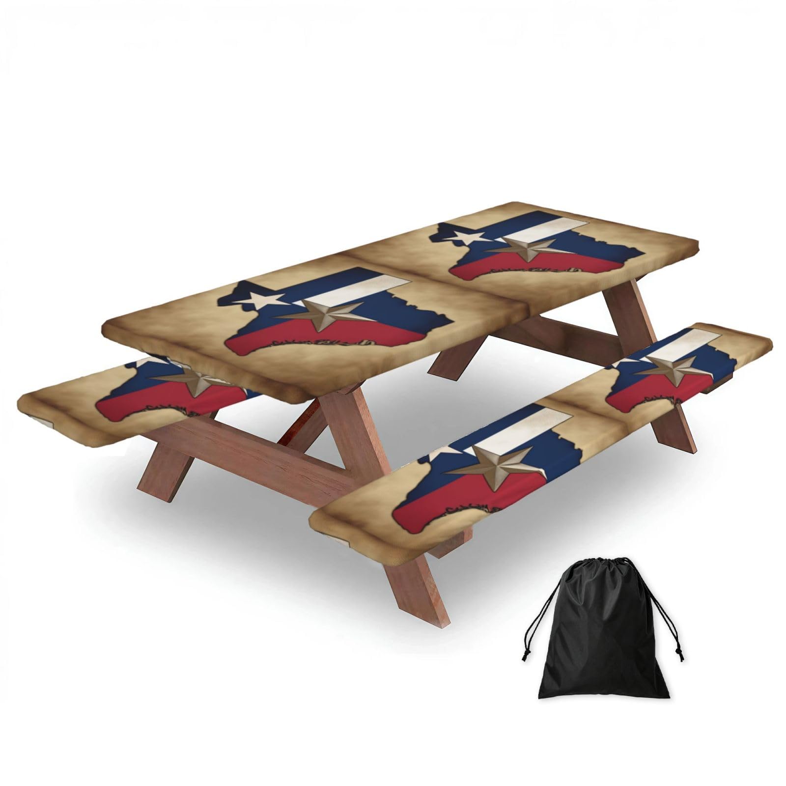 Duwaa Black Texas State Flag Map01 Print 183Cm Picnic Table Cover With Bench Covers, Waterproof Elastic Tablecloth Set For Outdoor