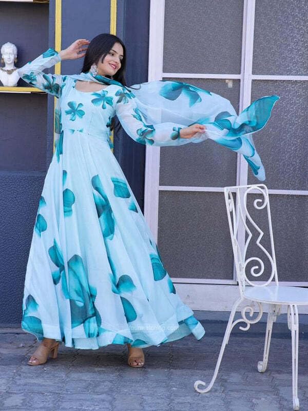 Image of DIGAMBARA Digital Floral Printed Anarkali Gown for Women, Georgette, Ethnic Wear, Fit and Flare, Dresses with Dupatta for Womens and Girls, Full Sleeves, Sky Blue