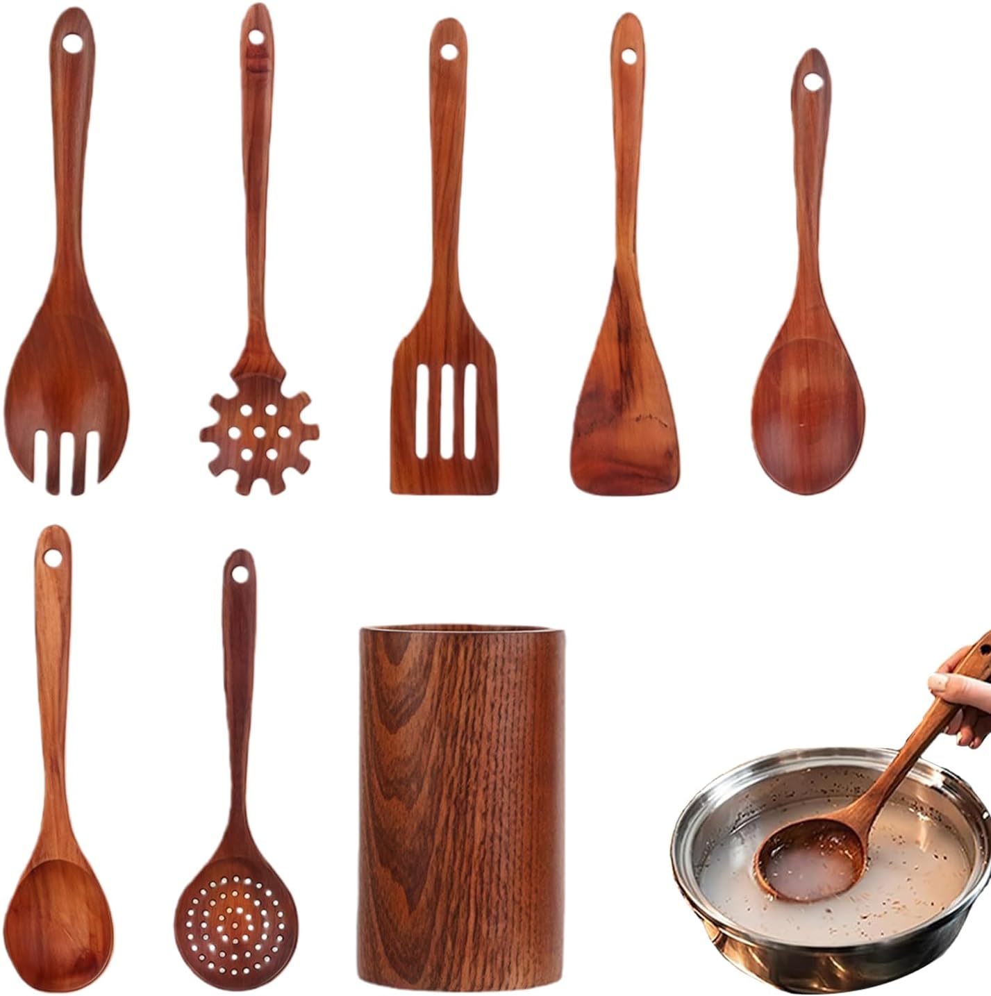 木製調理用具 | 8点耐熱ヘラとお玉スプーンレスト付き | 木製調理器具セット - 室内家庭屋外集い旅行パーティー食品準備用