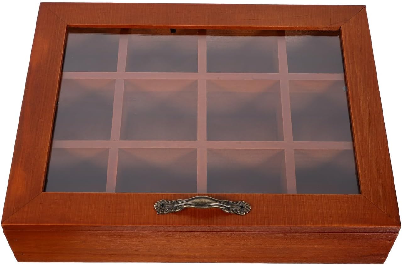 Kichvoe Wooden Tea Box Organizer with Acrylic Window Lid 12 Compartments Tea Bag Chest Tea Bag Holder Rack Storage Container Tea for Coffee Tea Sugar Sweeteners Creamer,10.24 x 7.68 x 2.36inch