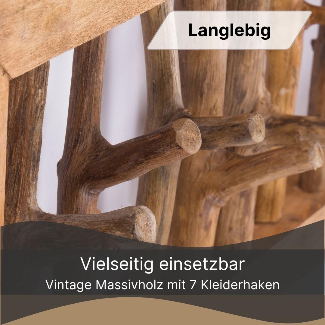 Äste WANDGARDEROBE Leonor 50 | 7 Haken, Holz, 50 cm | Garderobenpaneel, Natur Kleiderhaken, Deko Wandhaken, Flurgarderobe, Hakenleiste