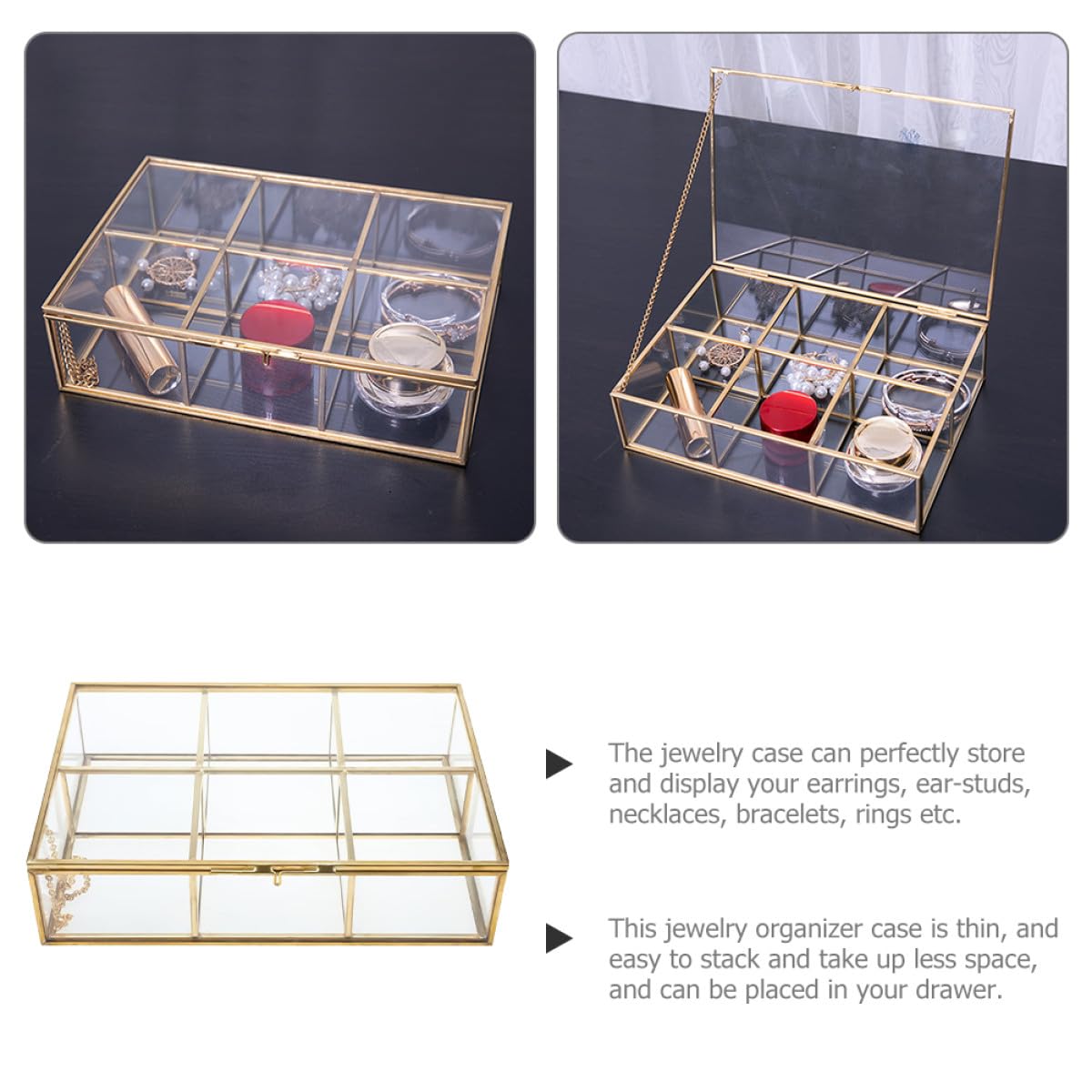 KICHOUSE Schmuckkästchen mit 6 Fächern, Legierung und Glas, Multi Slot | Ringe und Halsketten, Transparentes Design, für Schmuckläden und Zuhause