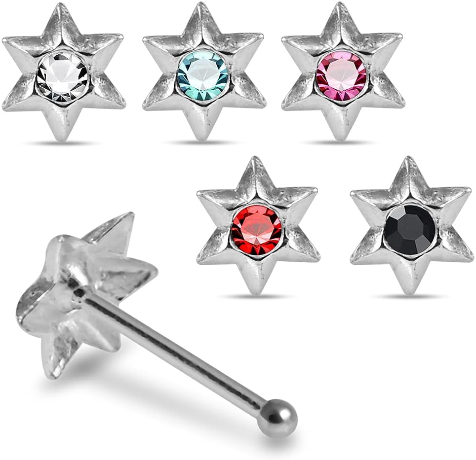 Crystal Stone Hexagon Star Design 22 Gauge 925 Sterling Silver Ball End Nose Pin - Nose Stud - Tiny Nose Ring - Nose Piercing Body Jewelry