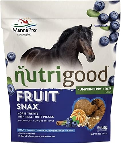 Manna Pro Nutrigood FruitSnax Horse Treats PumpkinBerry + Avena Sabrosas golosinas para caballos empaquetadas con superalimentos y piezas de fruta