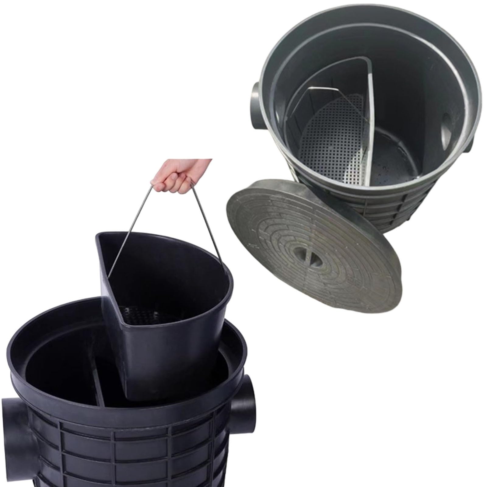 Separador de grasa comercial, de plástico reforzado, 6.6/10.56 GPM, para uso bajo fregadero en cocinas domésticas, hoteles y restaurantes. Entrada lateral. Color negro(Dia 11cm,31.5x38cm)