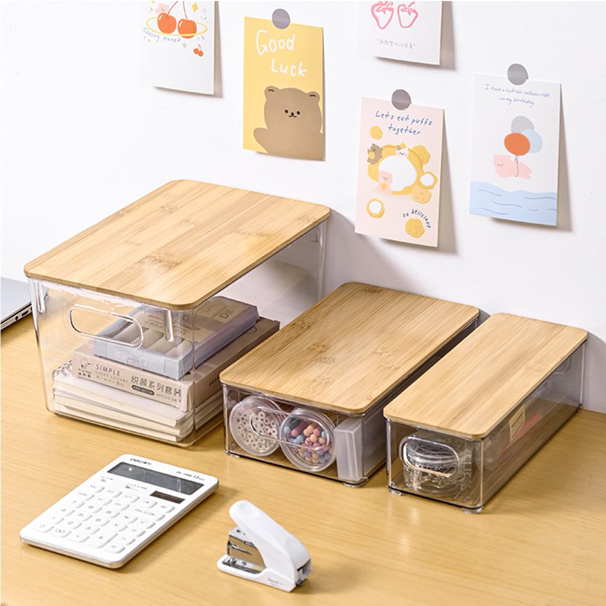 Storage Bins with Bamboo lids, Desk Organizer Bins Snacks Holders organizing Containers kitchen organizers and storage for Small Items in Kitchen Pantry(3 Pieces)