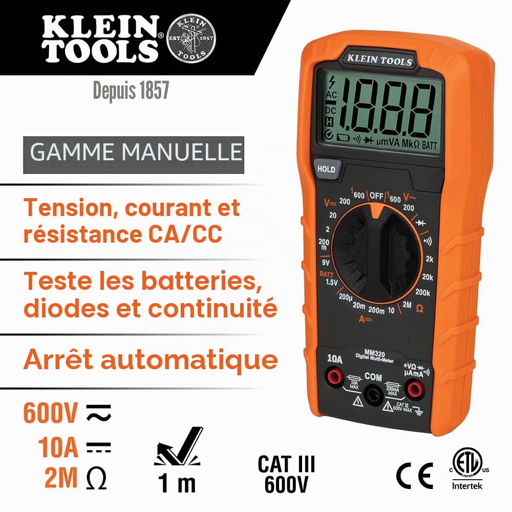 Klein Tools MM320KIT Kit de test électrique multimètre numérique, testeur de tension sans contact, testeur de prises, étui de transport et piles