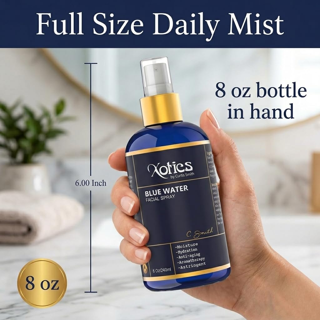 Xotics Blue Water Facial Spray - 8oz - Hydrating Face Mist With Aloe Vera - Refreshing Toner for Men & Women, Aftershave, Daily Moisturizing Splash for All Skin Types