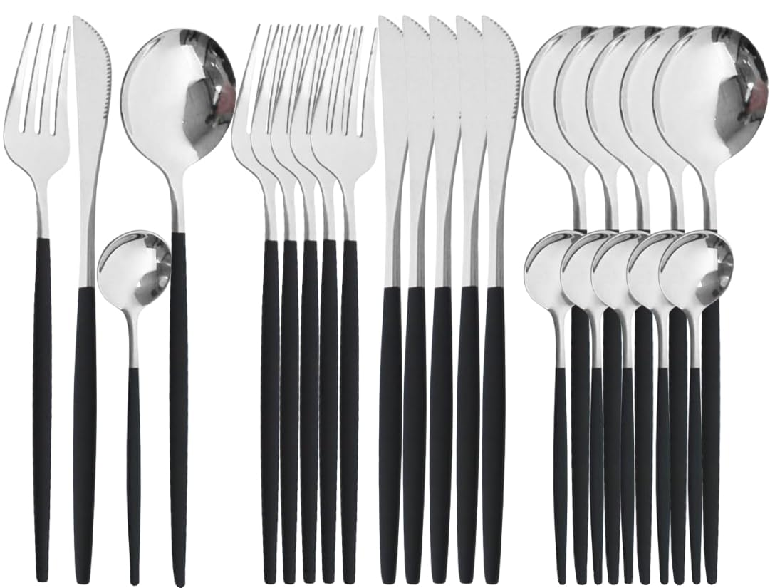 Cubiertos, Cubiertos de Acero Inoxidable de 24 Piezas, Juego de Cubiertos para 6 Personas Incluye Cucharas, Cuchillos y Tenedores, Set de Cubiertos para Comer Aptas para el Lavavajillas (Negro Plata) - Negro Plata
