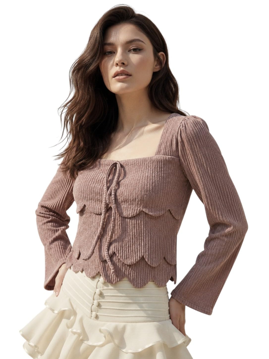 Women's Ribbed Tie-Front Top | Stylish Square Neck 3/4 Sleeve Scallop Hem Casual Knit Top for Women | Stretch Texture | Lightweight & Breathable Fabric-picture-38