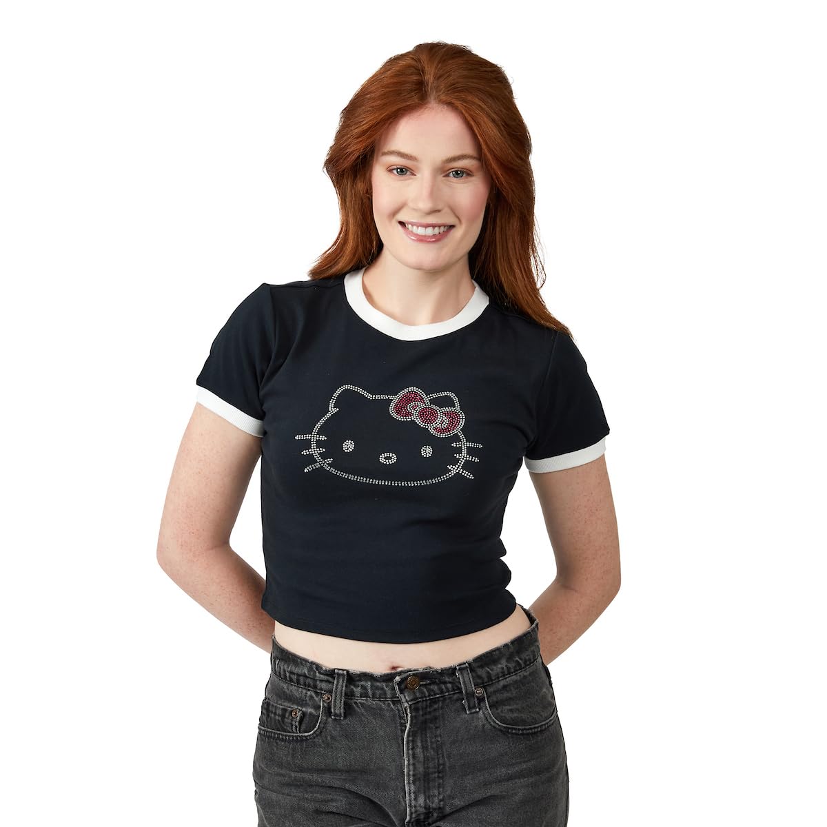 Hello Kitty Character Face Outline Crew Neck Short Sleeve Women's Black Crop Top Baby Tee