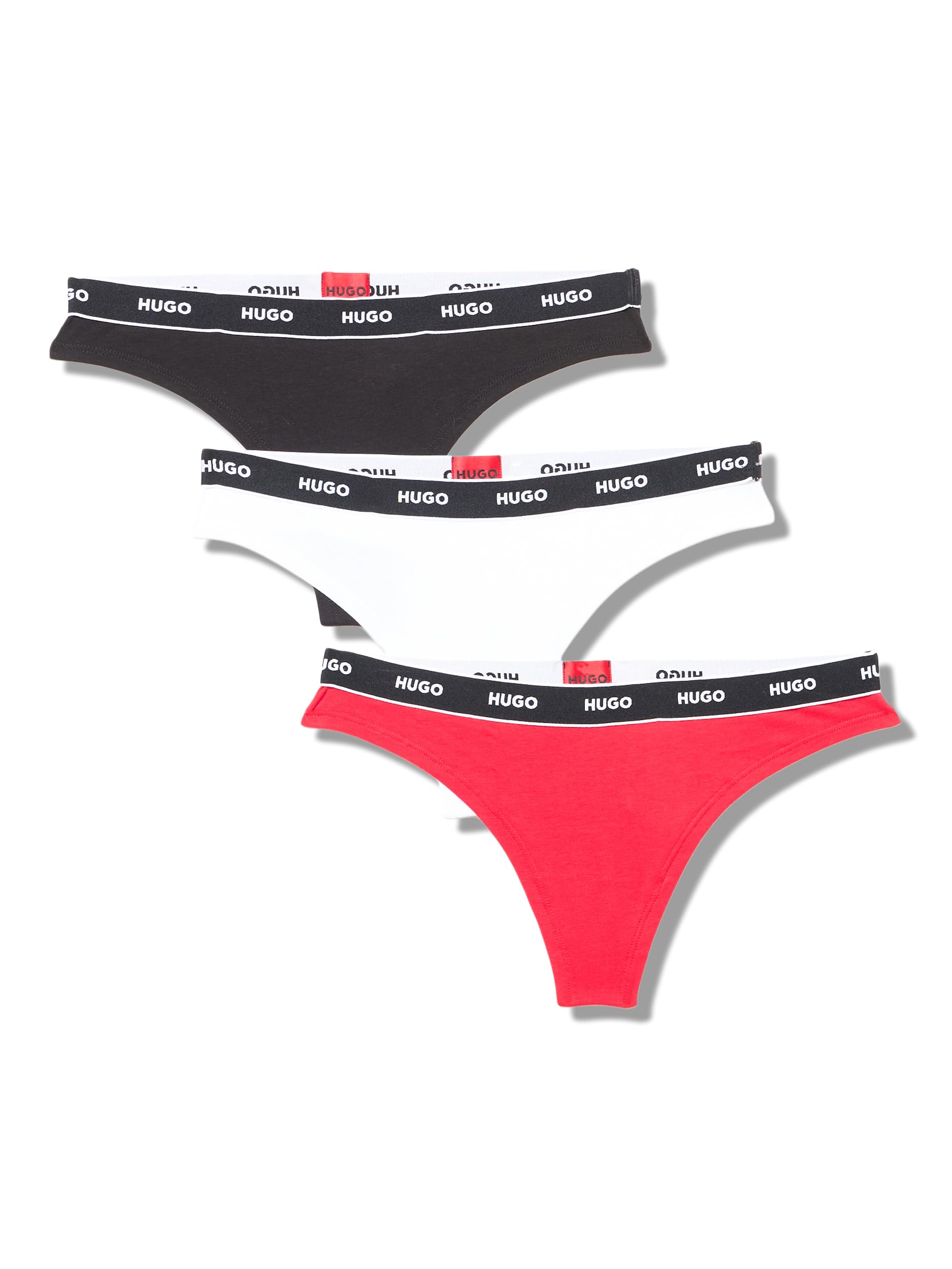HUGO Women's 3-Pack Repeat Logo Cotton Stretch Thongs, Black/Cloud Dancer White/Bright Red, XS
