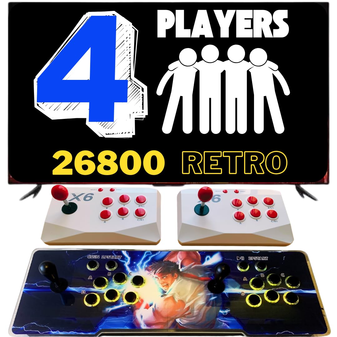 Consola Arcade con 26.800 Juegos Retro Originales para 4 Jugadores, con 2 mandos Extra inalámbricos, Luces LED Que cambian de Color, Sistema de Audio y joysticks ovalados.