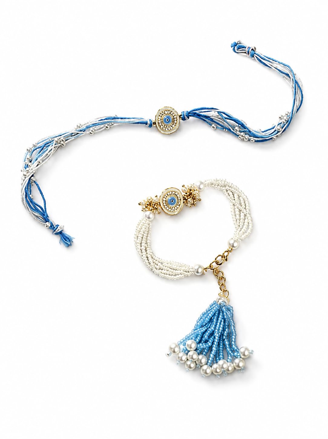Evil Eye Infinity Bhaiya Bhabhi Rakhi Set Rakhi Lumba Bracelet Set with Pearl Gold Plated Adjustable Chain Blue Thread Rakshabandhan Gift Traditional Festival Rakhi-image-37
