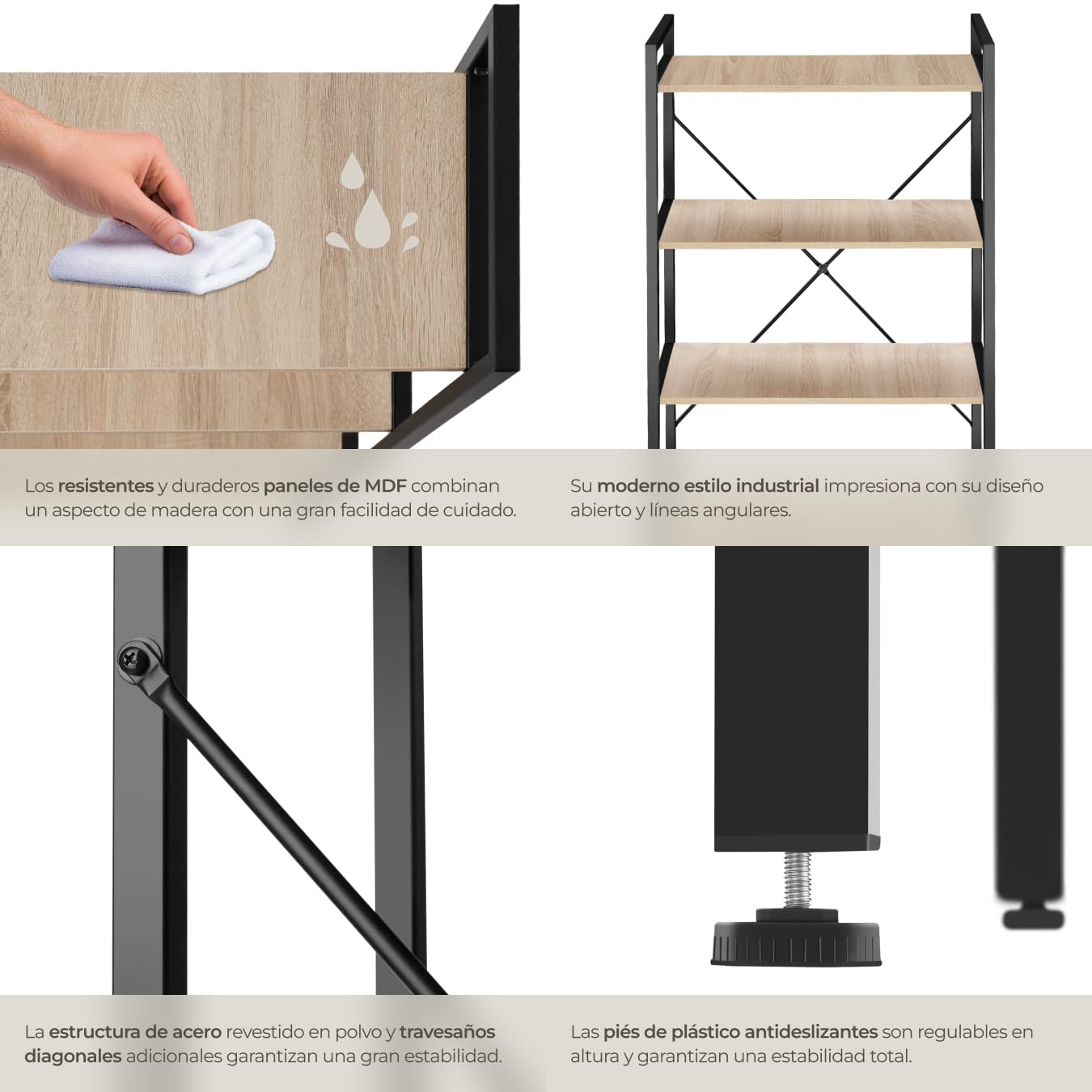 tectake® Estanteria Metalica de Estilo Industrial con Estructura Estable, Sistema Antivuelco, Estantería Madera para Oficina, Mueble Recibidor - Madera Industrial Clara, Roble Sonoma