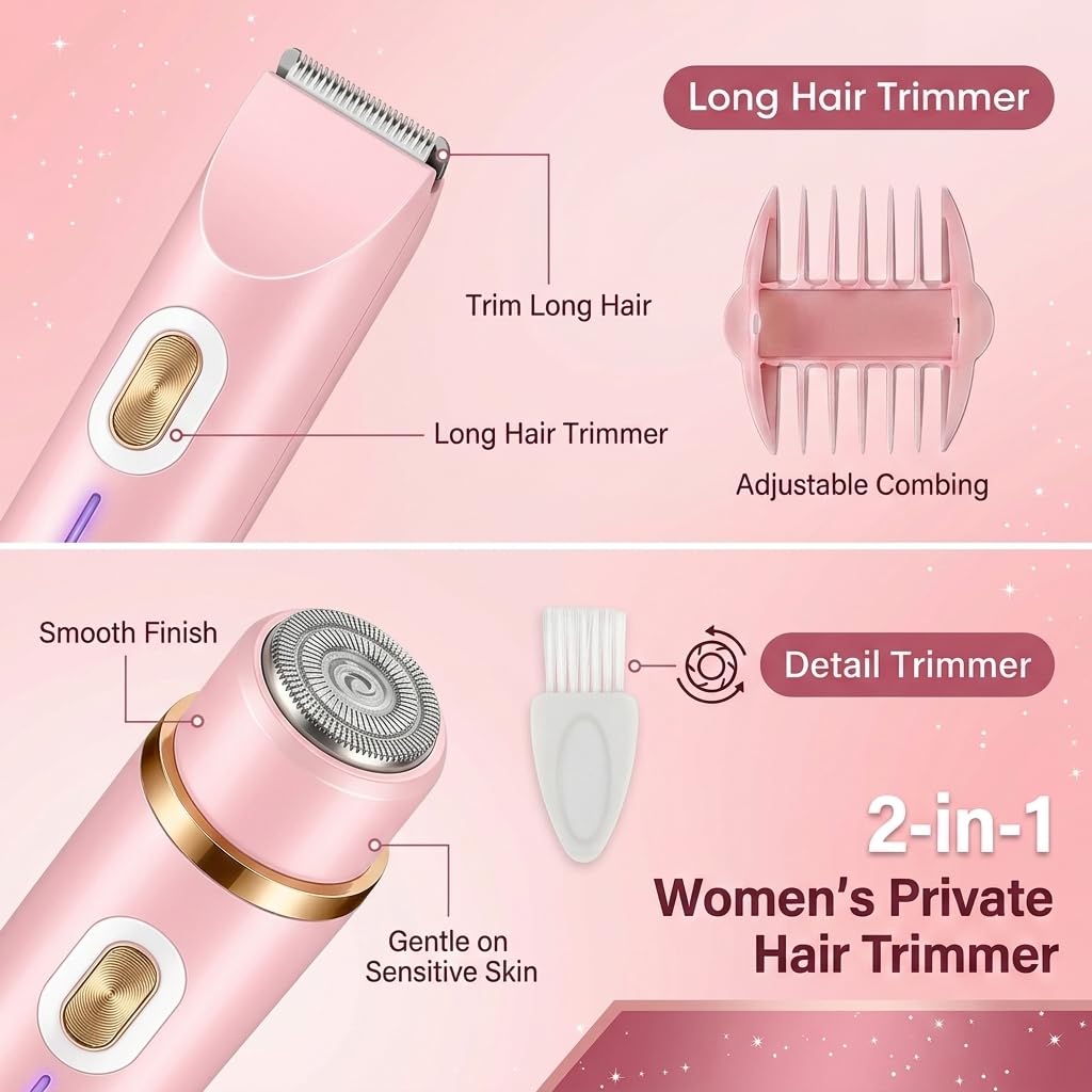 Rasoir Électrique Femme,2-en-1 Tondeuse Intime,pour Visage,Jambes,Aisselles,Maillot,Sensitive Areas,Electric Shaver Utilisation Humide et Sèche,Rechargeable USB-C,IPX7 Étanche,Rose