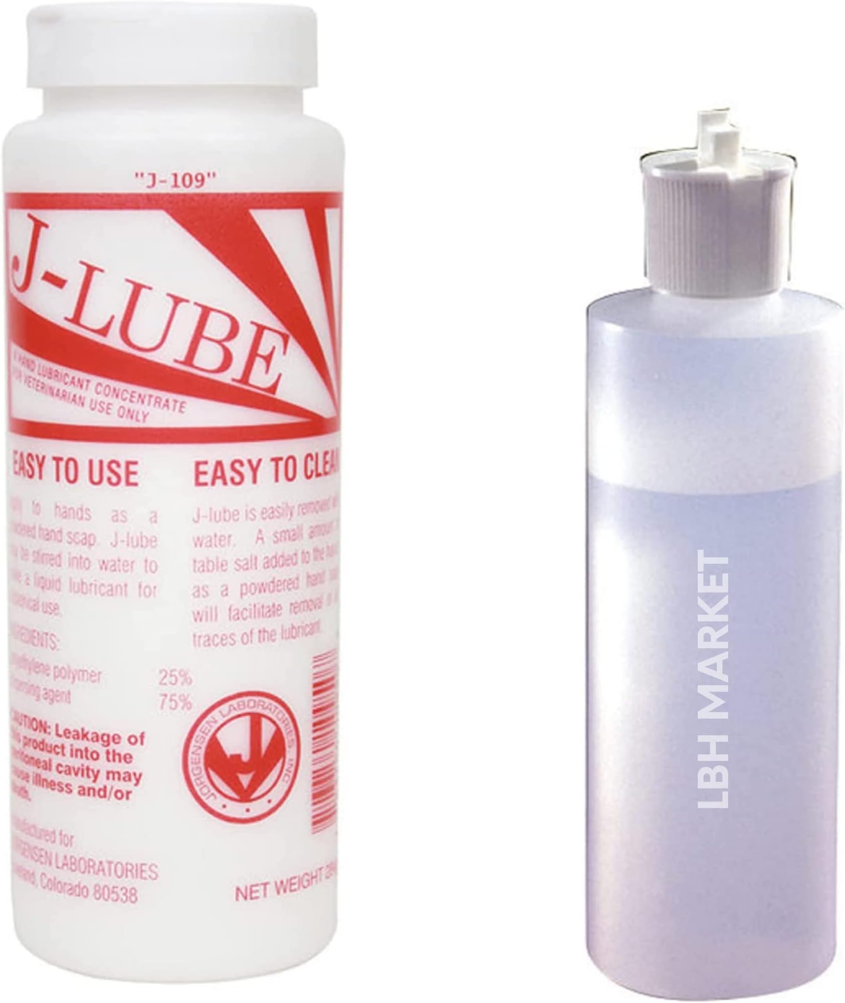 Lubrication Bundle with J-Lube OB Lubric .PWD 10 OZ Dry Lubricant Powder Concentrate Water Based Lubrification for Veterinarian Use with Leak Proof 8 OZ Plastic Dispensing Bottle
