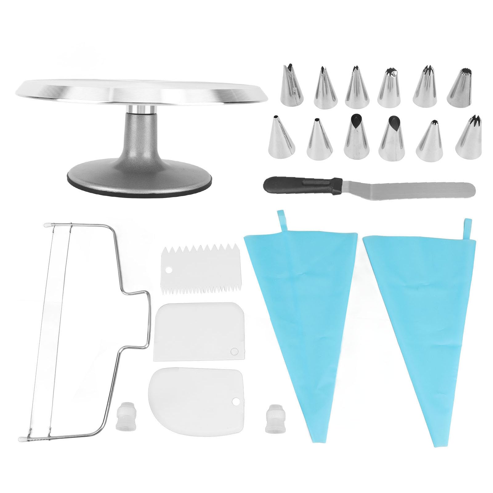 AMONIDA Kit de Decoración de Pasteles de 22 Piezas con Plato Giratorio de Aleación de Aluminio de 12 Pulgadas Ideal para Panaderos Profesionales y Domésticos Incluye Herramientas Esenciales para