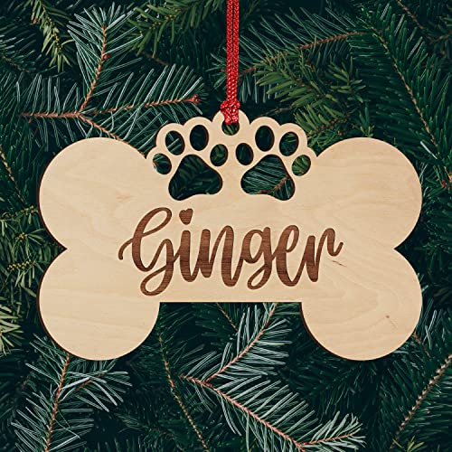 Personalized Dog Christmas Ornament with Pet's Name - Engraved Ornament - Customized Bone Shaped Wood Ornament for Christmas, 3.9