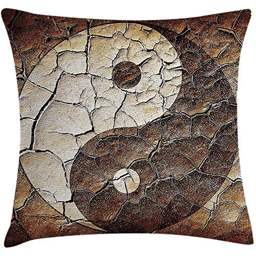 Funda de Cojín de Almohada Ying Yang Imagen Cartel Asiático de Yin Yang Pintado en Tierra Agrietada Diseño Gráfico del Arte Funda Decorativa de Almohada Decorativa Cuadrada 18 X 18 Pulgadas Marrón Bei