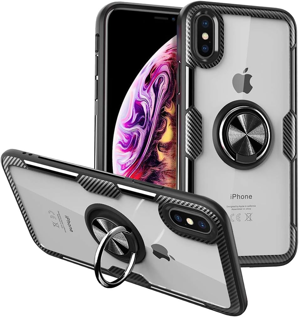 CHEEDAY Compatible iPhone 8 iPhone 7 Case Carbon Fiber Bumper Slim Clear Crystal Anti-Scratch Hard Cover with Rotation Ring Kickstand [Work with Magnetic Car Mount] for iPhone 7/8/SE 2020 - Black