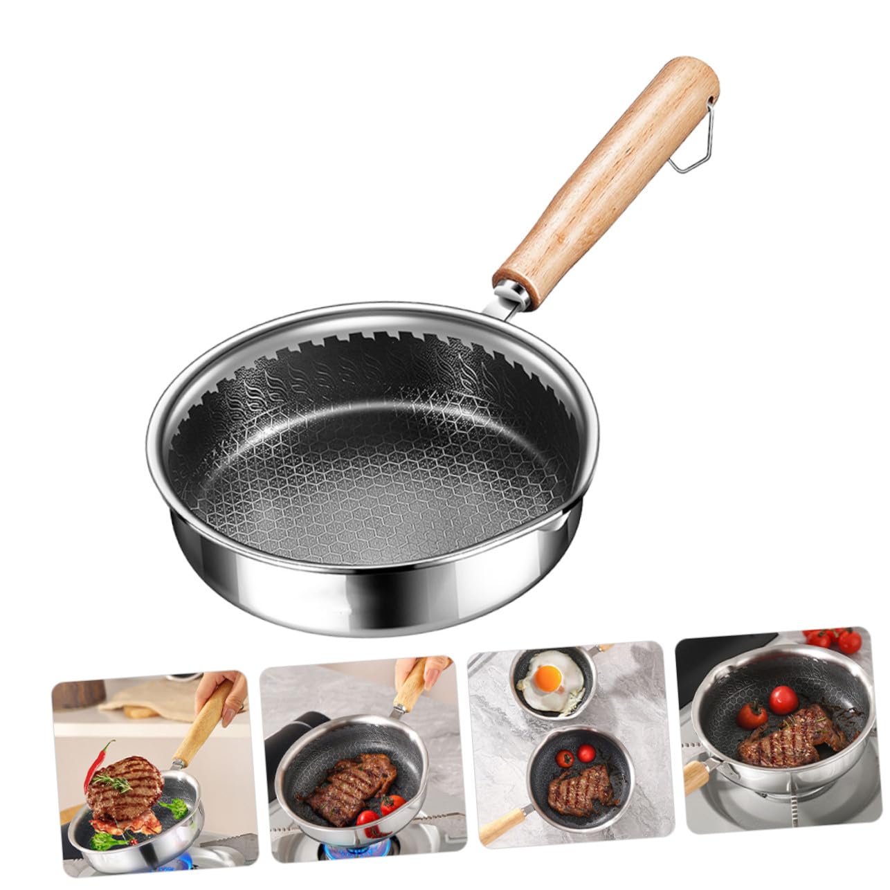 POPETPOP Padella Antiaderente in Acciaio Inox Padella per Uova e Bistecche Fondo Piatto per Distribuzione Calore Uniforme Comodo Manico per Presa Salda Leggera e Portatile