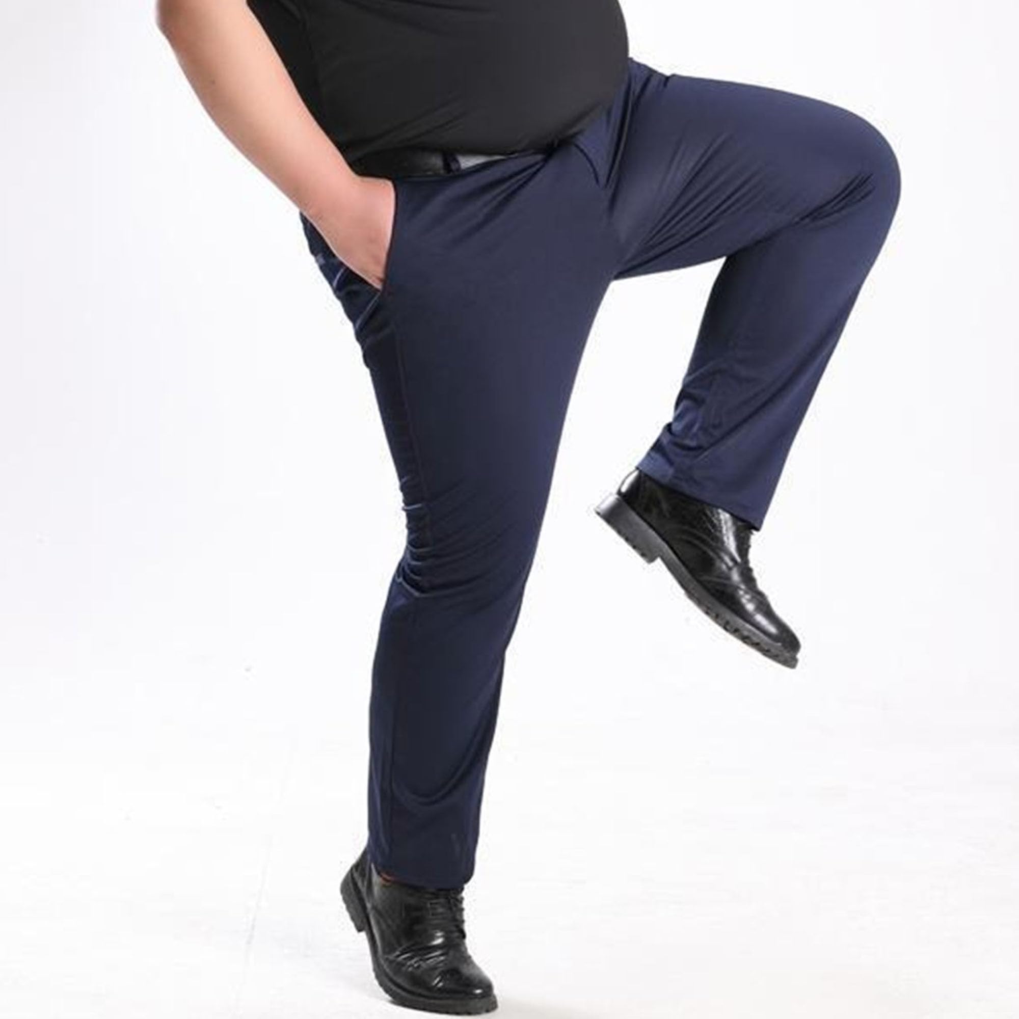 Męskie plus size rozciągliwe proste dopasowanie spodnie sukienka klasyczny krój płaskie spodnie z przodu bez żelaza rozszerzana talia spodnie na co dzień