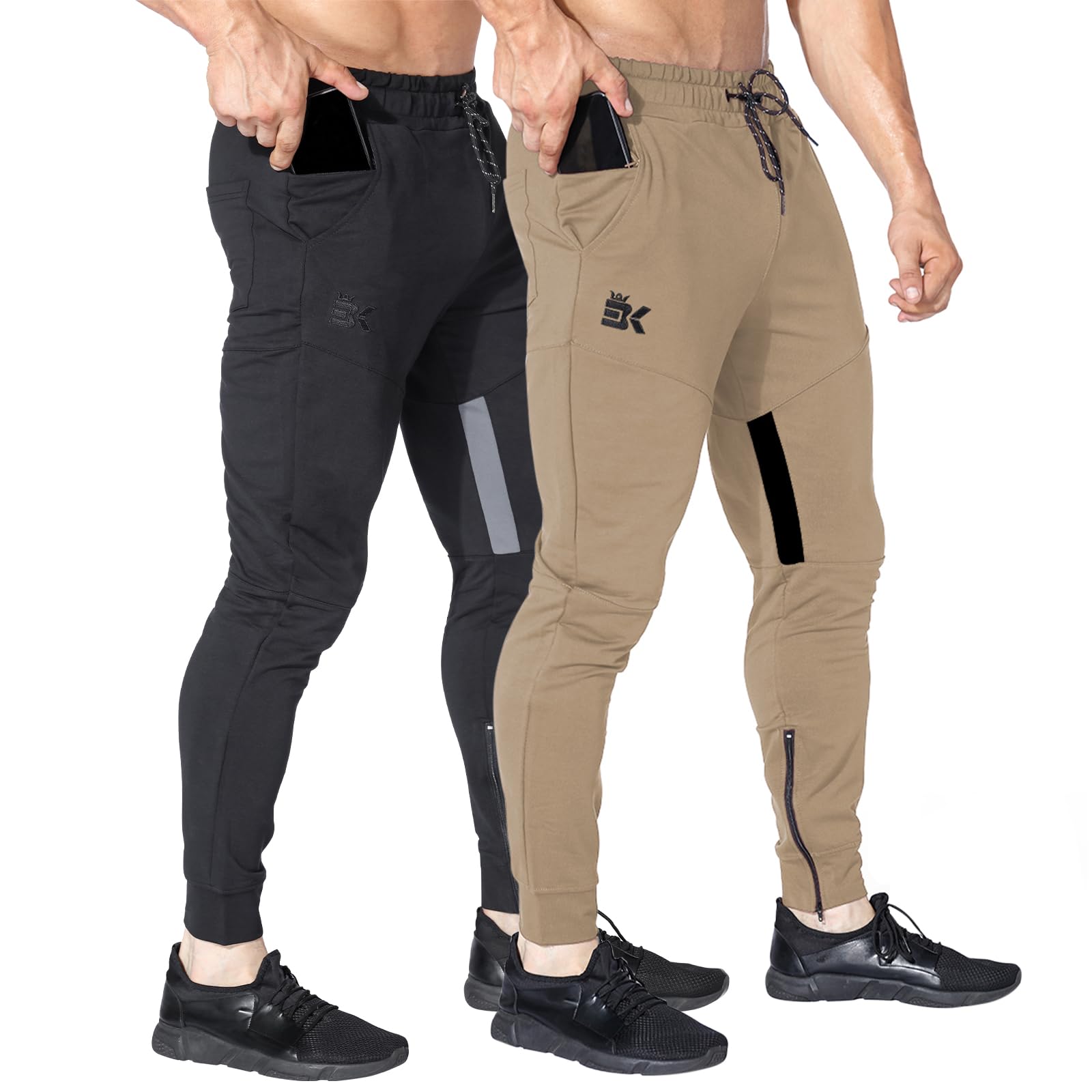 BROKIG Men Fitted Gym Sweatpants Casual Slim Workout Jogger Pants with Zipper Pocket Bodybuilding Athletic Tapered Pants
