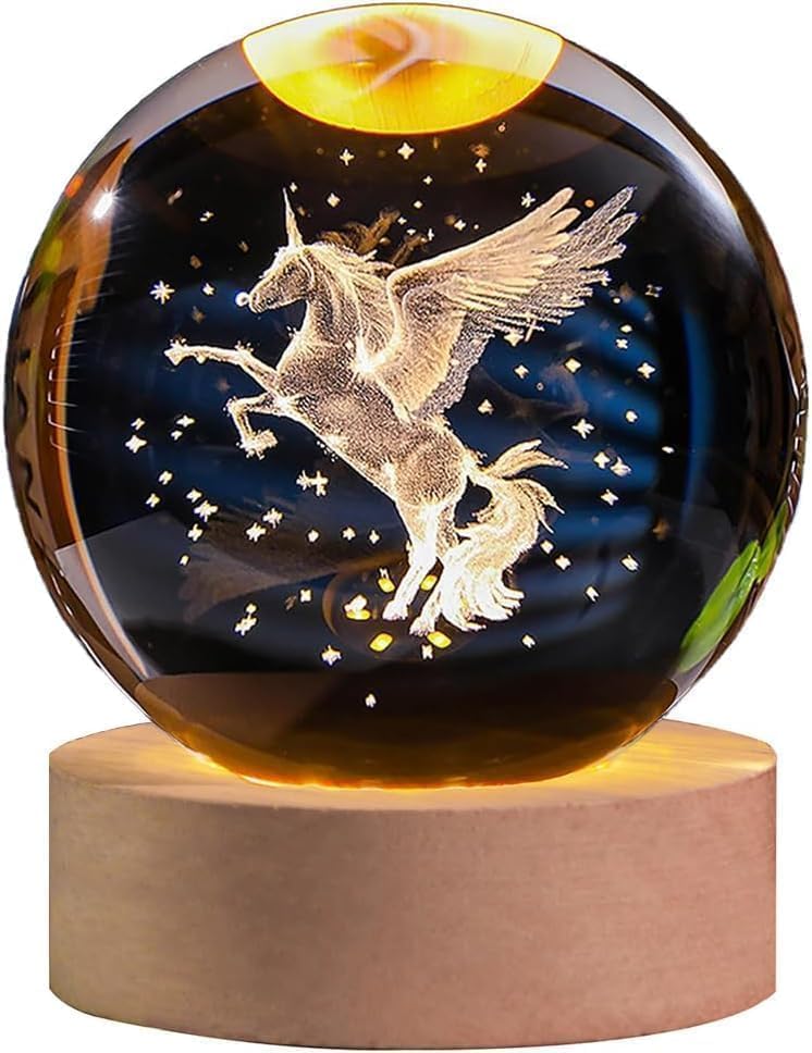 Crystal 3D Galaxy Ball Night Light | Dimmable Engraved LED Glass Ball Table Lamp with USB and Wooden Base for Home Decor|Office|Birthday Gift & Kids Bedroom-(Unicorn)-image-35