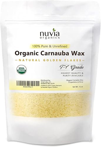 Nuvia Organics Cera de carnauba certificada por USDA, 100% vegana, ideal para cosméticos de bricolaje, grado alimenticio, varios usos, 16 onzas