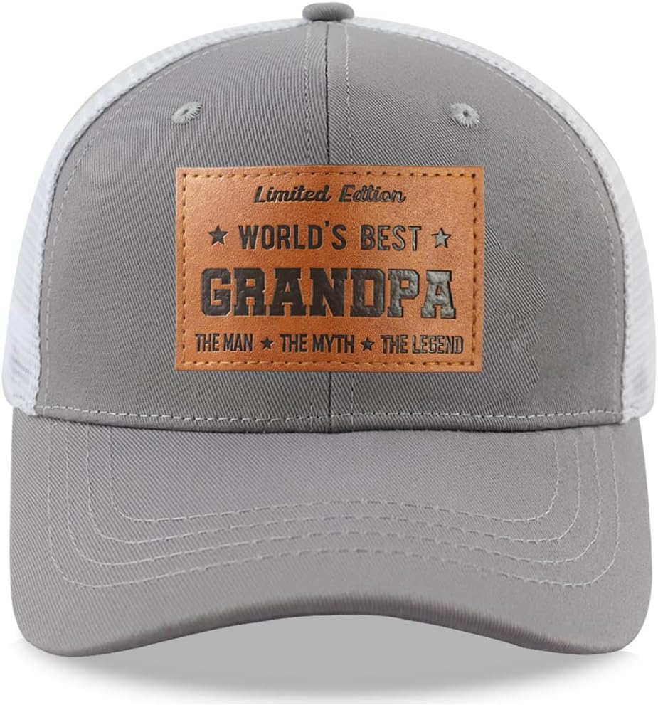 Limited Edition World's Best Grandpa Trucker Hats for Men, Adjustable Cotton Leather Patch Papa Snapback Baseball Cap