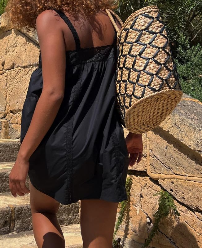 Image of ROAONOCOMO Women Boho Graffiti Cami Mini Dress Spaghetti Strap Printed A Line Short Dress Cute Colorful Sundress