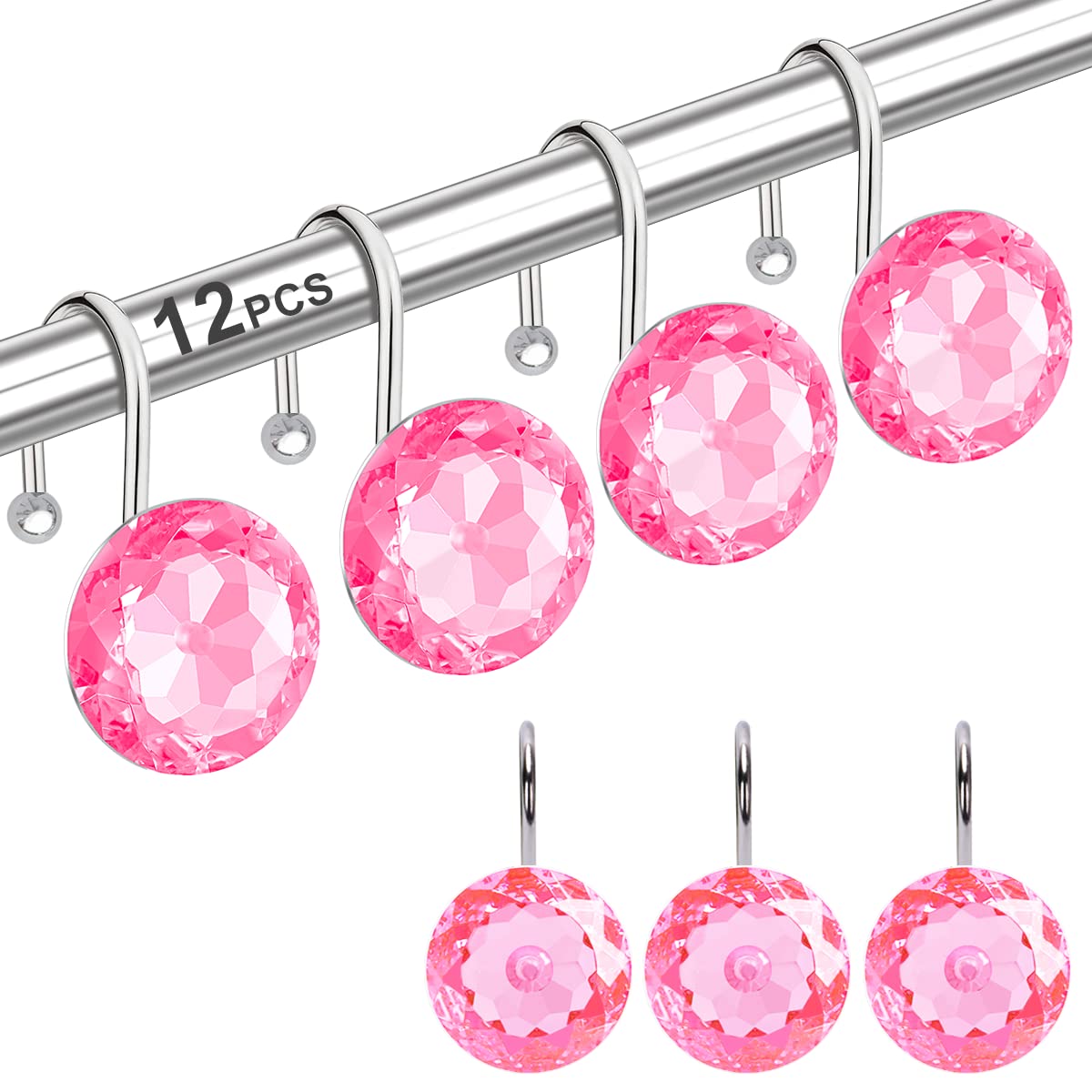 Shower Curtain Hooks Rings for Bathroom, 12PCS Stainless Steel Rust Resistant Decorative Rhinestones Shower Rings Hangers for Curtains, Clothing, Towels, etc. (Pink)