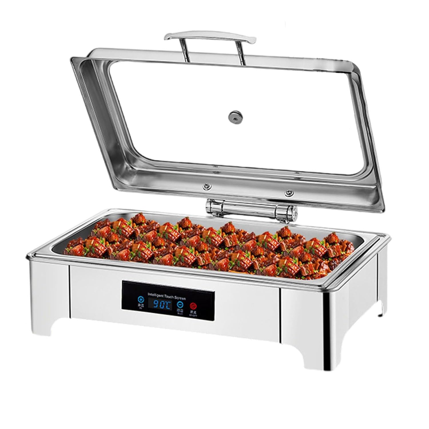 Contenitore Scalda Cibo Professionale con Coperchio in Vetro(0-85℃), Chafing Dish Buffet con Coperchio Visibile, Temperatura Regolabile, per Buffet, Feste e Banchetti (1/1PAN)
