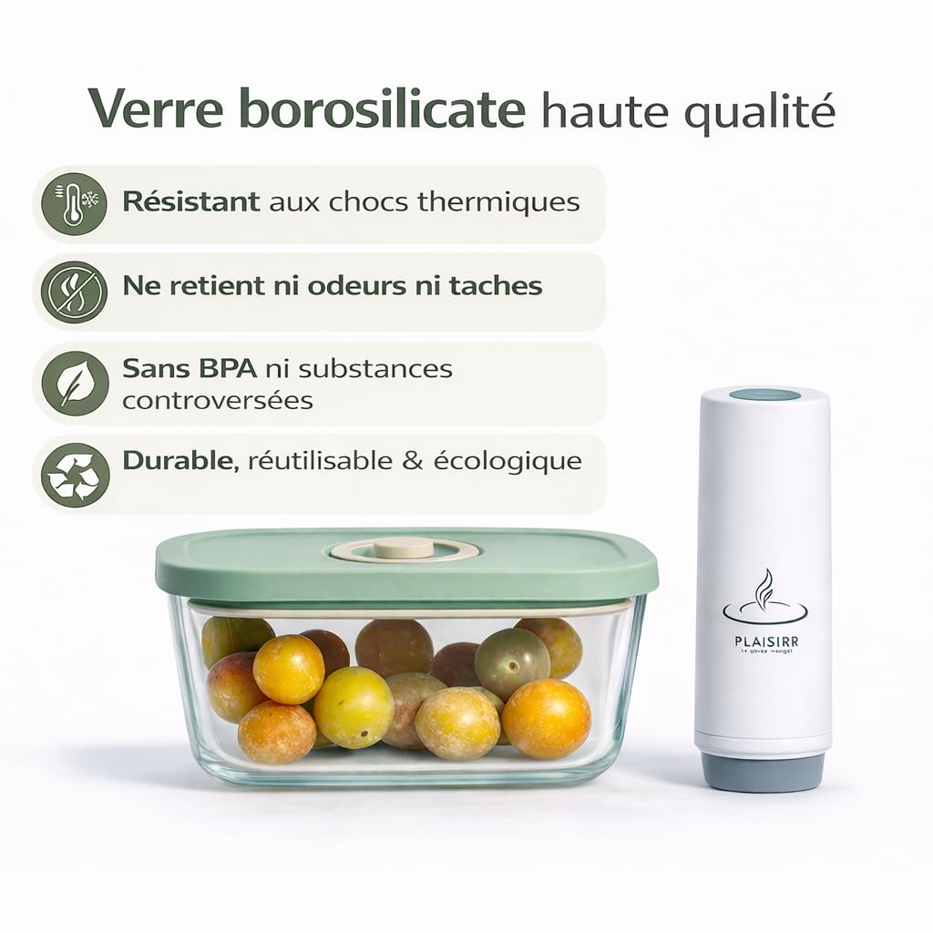 Kit sous vide alimentaire avec pompe rechargeable sans fil | 4 boîtes hermétiques en verre, Sans BPA, 240ml, 450ml, 800ml, 810ml, Idéal meal prep
