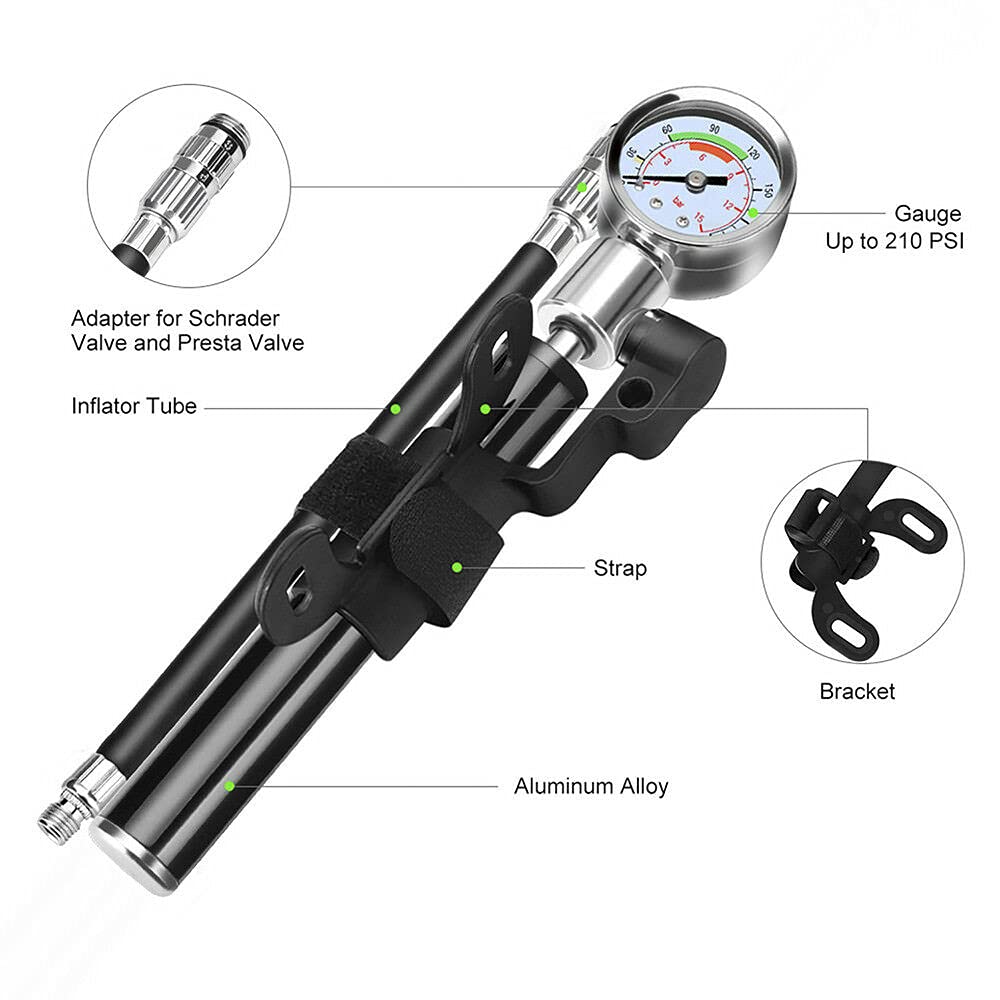 Kit di Attrezzi per Riparazione Bici e Set di Mini Pompe per la Manutenzione di Biciclette da Montagna - Attrezzo Multiuso 16 in 1 con manometro da 210 PSI, Borsa da Sella