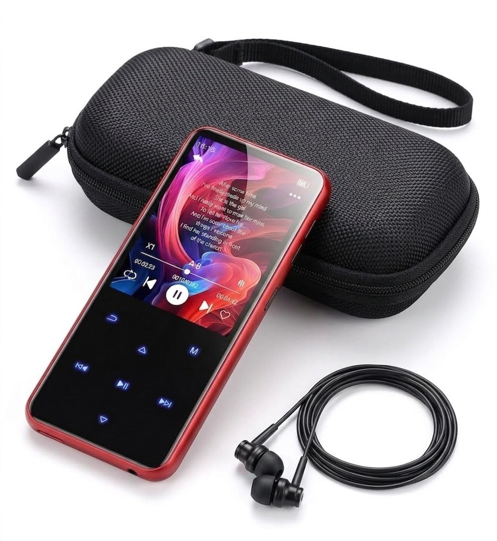 AGPTEK 2,4" MP3 Player & Tasche, 64GB MP3 Player Bluetooth 5.3 HiFi Musik Kinder MP3 Player mit Lautsprecher, Touch-Tasten, FM-Radio, E-Book, Aufnahme, Unterstützung bis zu 128 GB, Rot