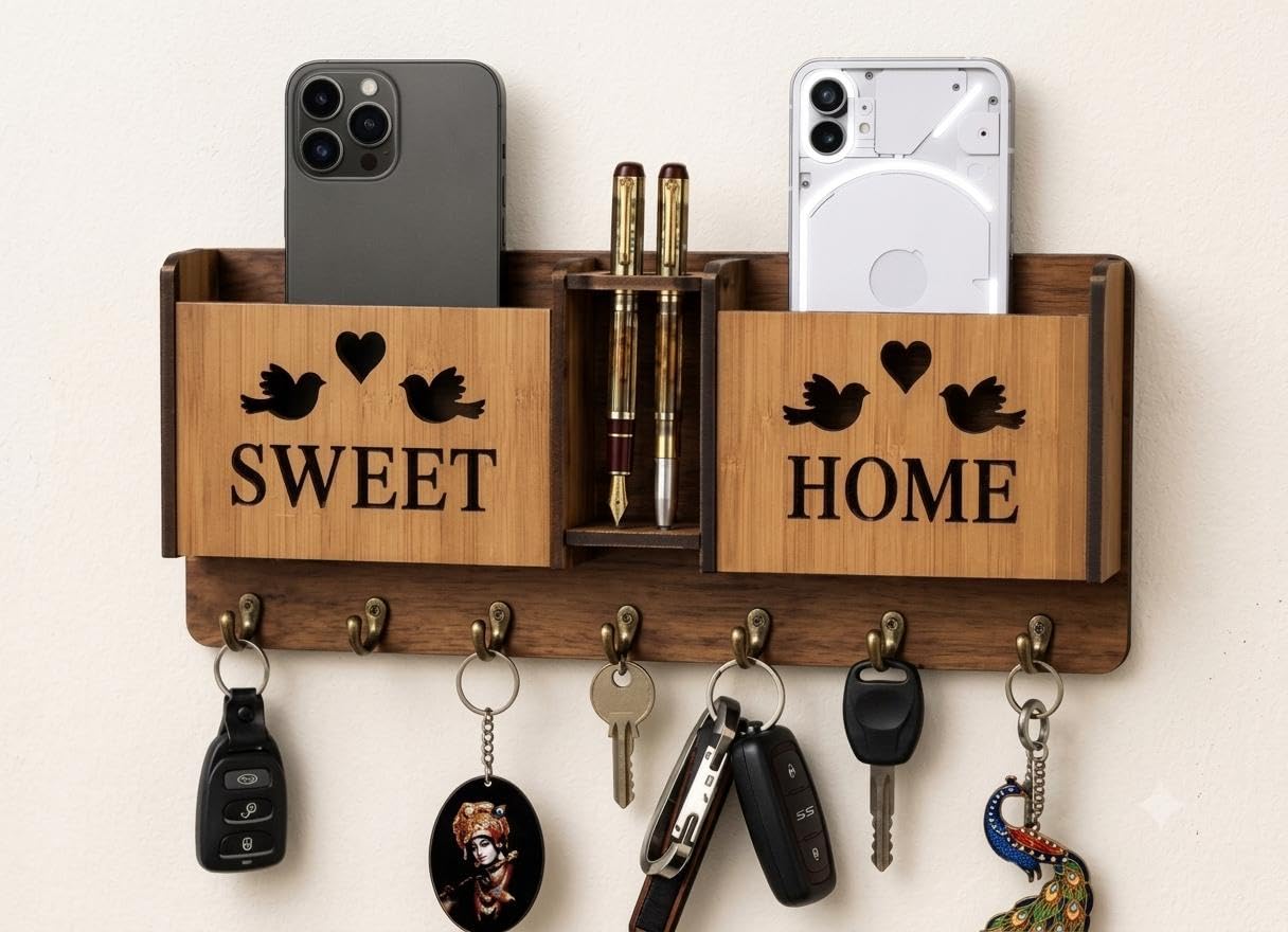 Wood Key Holder with 8 Hooks - Brown -1