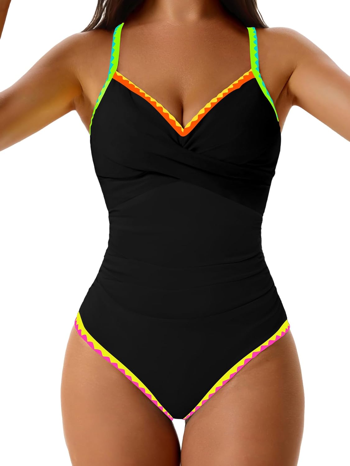 Women's One Piece Swimsuits Tummy Control V Neck Bathing Suit Tie Back Push Up Swim Suit Shell Stitched Swimwear