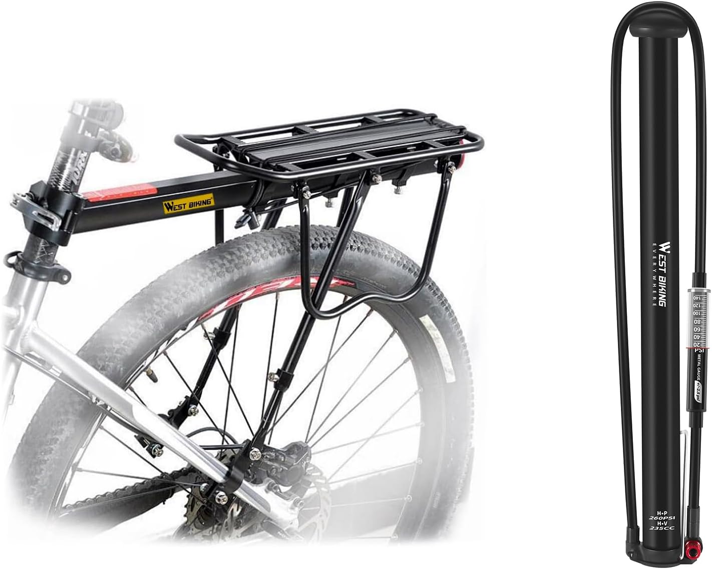 West Biking 110Lb Capacity Almost Universal Adjustable Bike Cargo Rack Cycling+Bicycle Floor Pump with High Pressure 260Psi with Presta & Schrader Valves