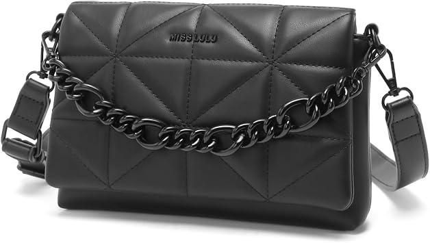 Miss Lulu Small Crossbody Bags for Women, Soft Classic Quilted Handbags with Wide Strap PU Leather Waterproof Cell Phone Shouderbag as Girl Gift Black