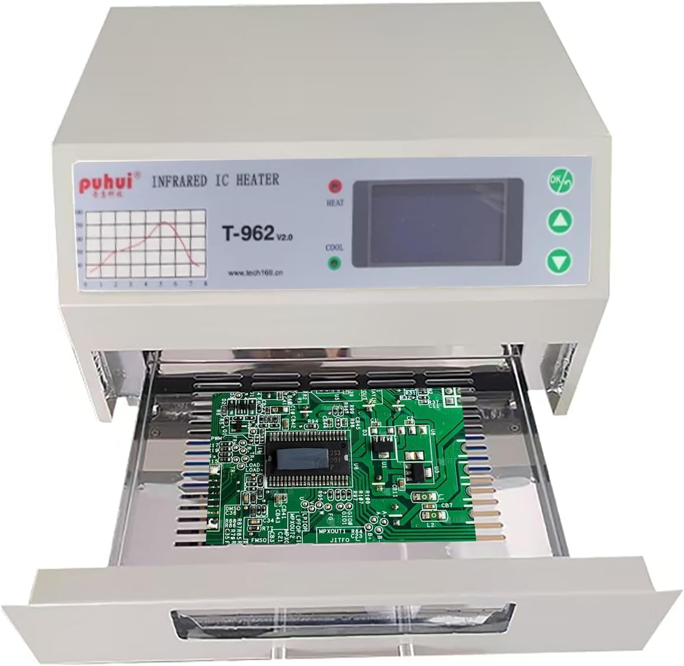 T962 110V 800W Mini Automatic Infrared Reflow Oven - Intelligent IC Heater and Reflow Soldering Station, 7.08×9.25 Inch Soldering Area, Compatible with CHIP/SOP/BGA/PCB Chips/Aluminum Substrates