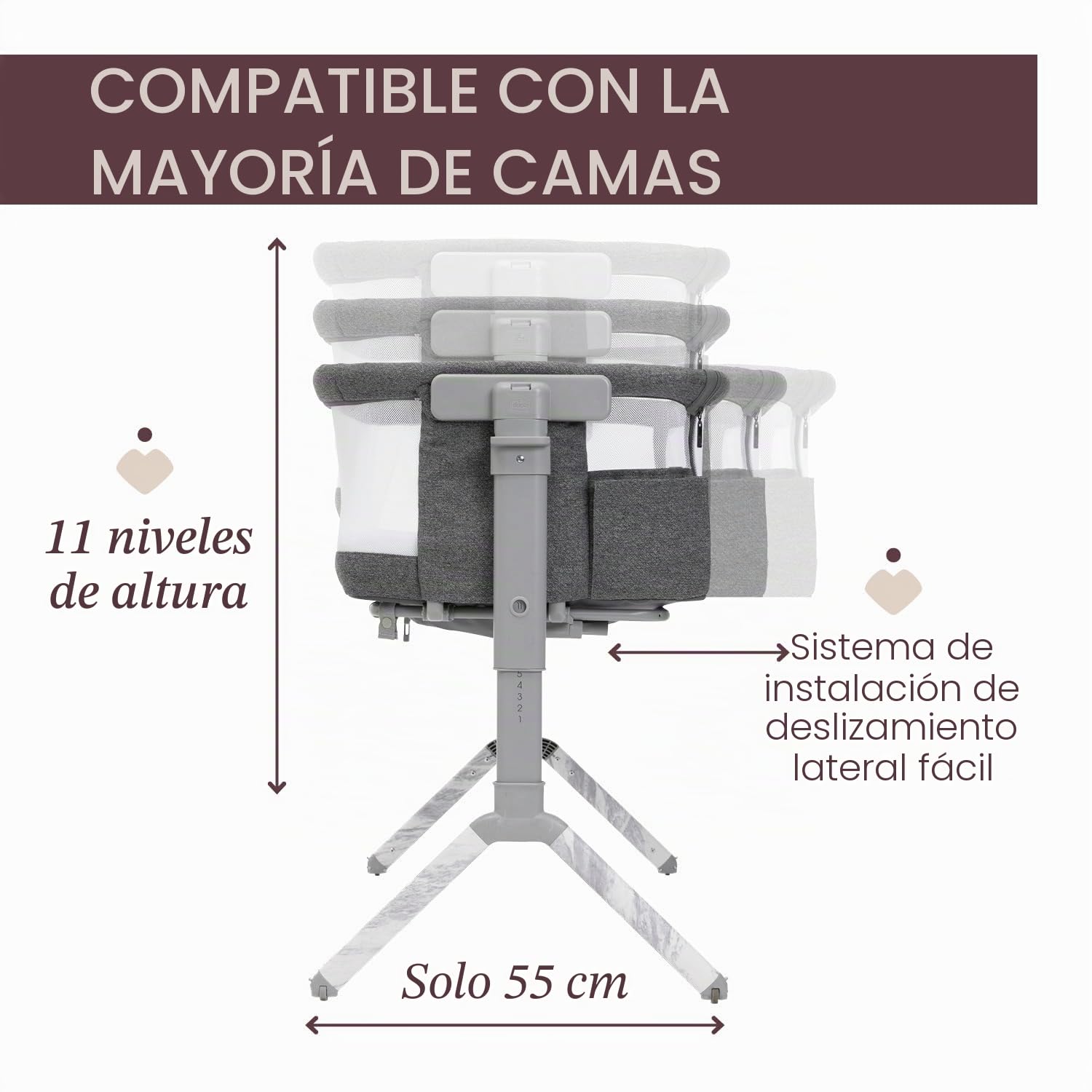Chicco Next2Me Armonia, Cuna para recién nacidos, Cuna Colecho, barandilla abatible, 11 niveles de altura, altura regulable de 66 a 83 cm, 4 ruedas, excelente circulación del aire, Gris Oscuro Melange