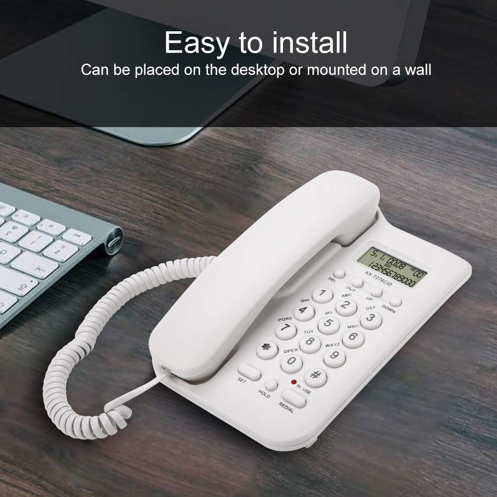 Teléfono de Pared y Escritorio con Cable - FSK/DTMF para Hotel y Casa - con Pantalla de Llamadas (Blanco)