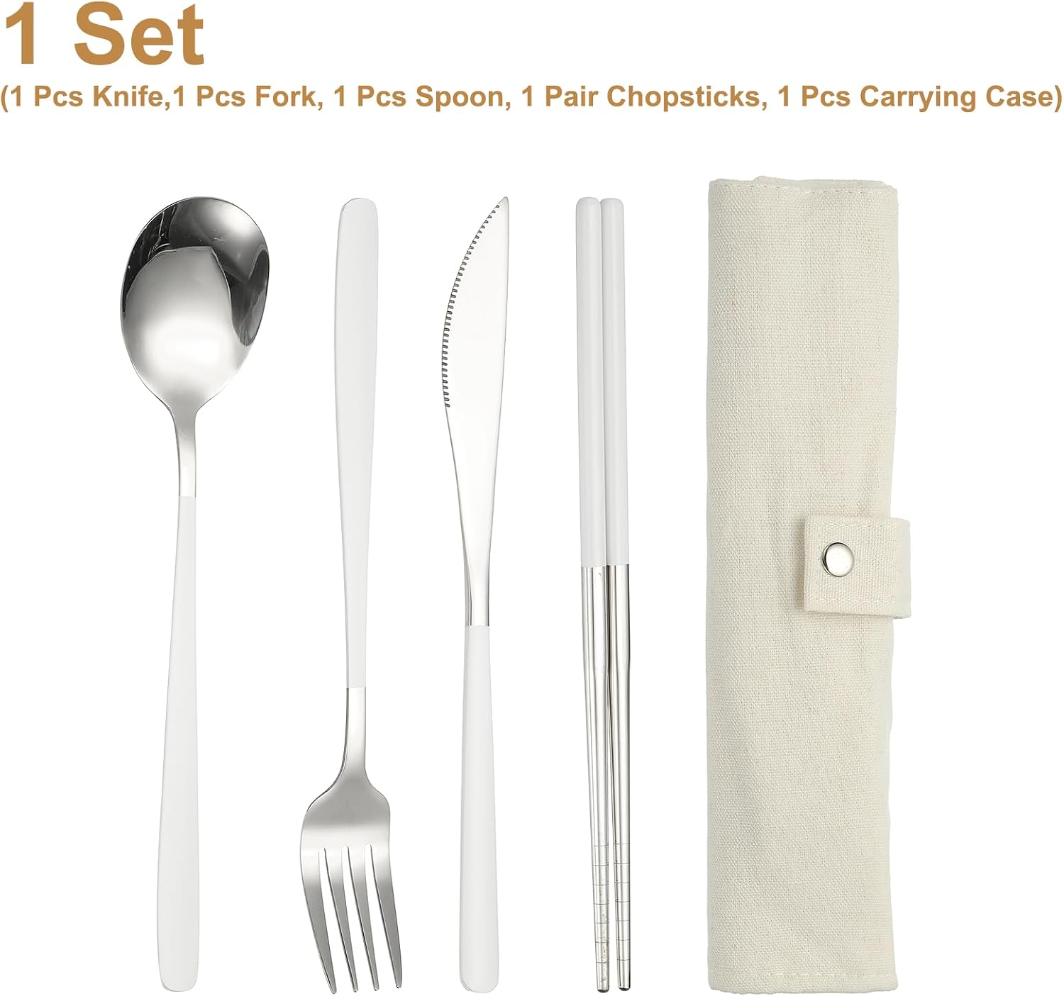 uxcell Travel Utensils with Pouch, Stainless Steel Portable Silverware, White/Silver image 3