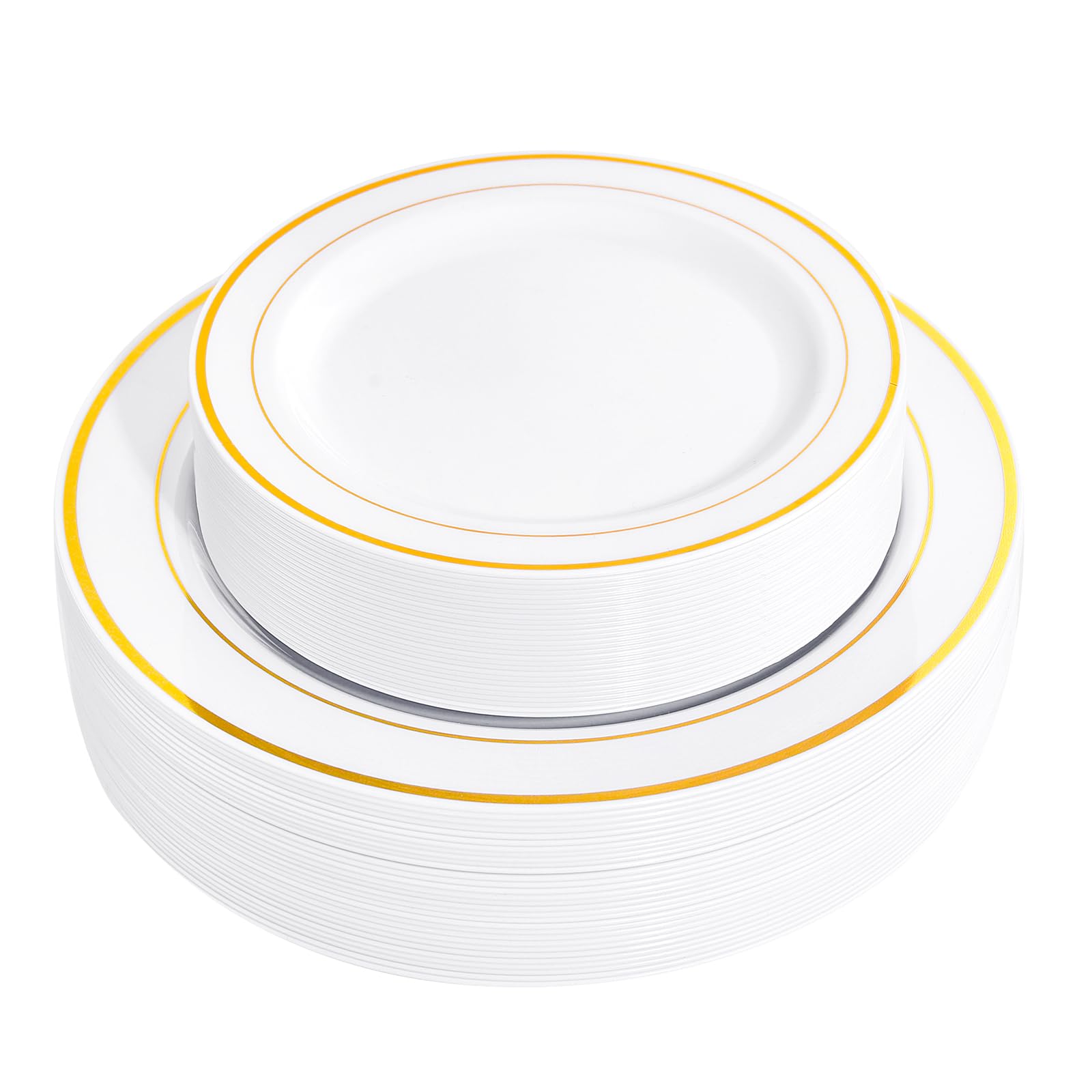 FLOWERCAT 60PCS Gold Plastic Plates - Heavy Duty White and Gold Plastic Plates Disposable for New Year/Thanksgiving Party/Wedding - Include 30PCS 10.25" Dinner Plates and 30PCS 7.5" Dessert Plates