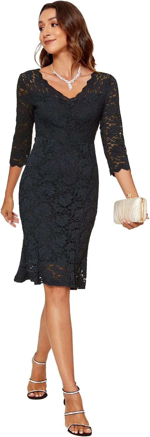 Atnlewhi Womens 3/4 Sleeve Slim Fit Lace Cocktail Dresses Party Wedding Guest V Neck Formal Evening Bodycon Dress - Image 4