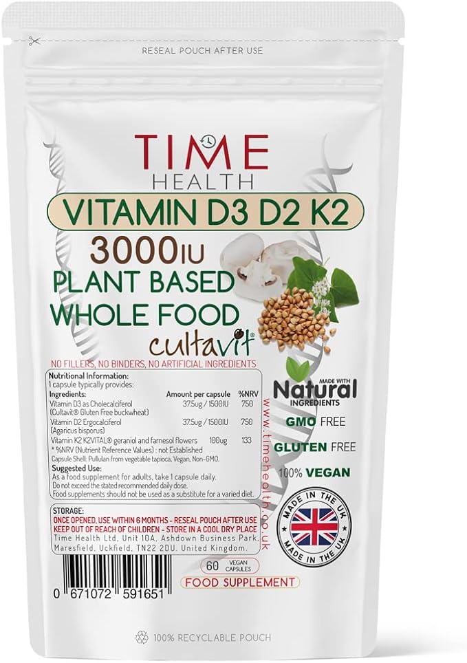 Vitamin D3, D2, K2, Natural Wholefood Plant Based 3000IU Zero