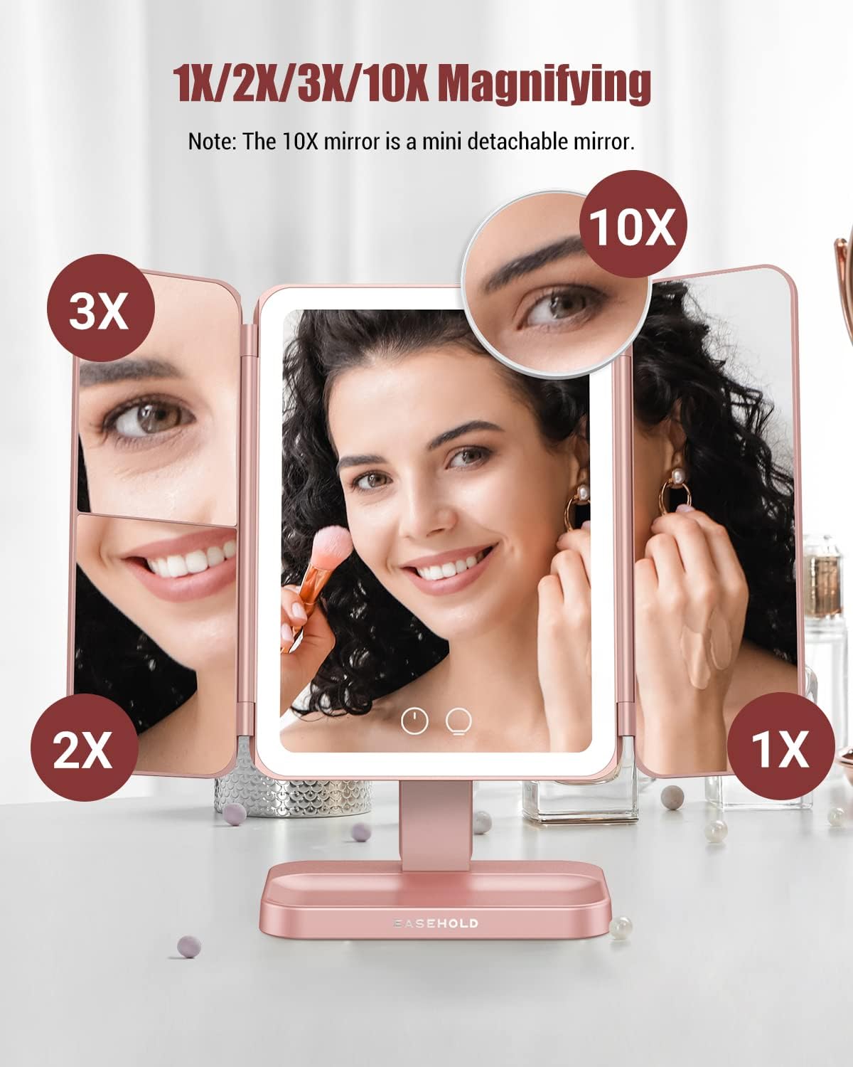 EASEHOLD Makeup Mirror Vanity Mirror with Lights, 3500Mah Rechargeable 68 LEDs Lighted Trifold Mirror with 1X 2X 3X 10X Magnification, Smart Touch, Portable Cosmetic Beauty Mirror(Rose Gold)